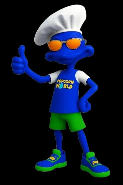 Mobile phone showing Pop-Up Store interface with colorful popcorn packages in background