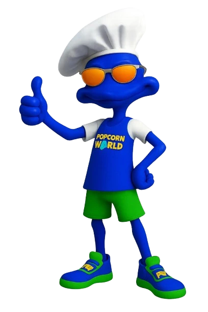 Mobile phone showing Pop-Up Store interface with colorful popcorn packages in background